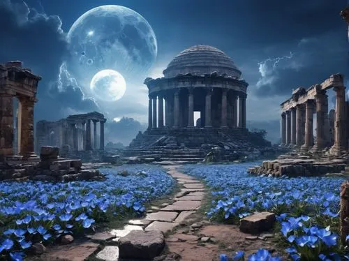 blue moon,moonsorrow,fantasy picture,pandorica,greek temple,temple of poseidon,Photography,General,Realistic