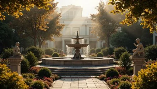 Ornate fountain, grand staircase, symmetrical gardens, manicured hedges, vibrant flower arrangements, ornamental statues, intricate stone carvings, majestic trees, dramatic lighting, warm golden tones