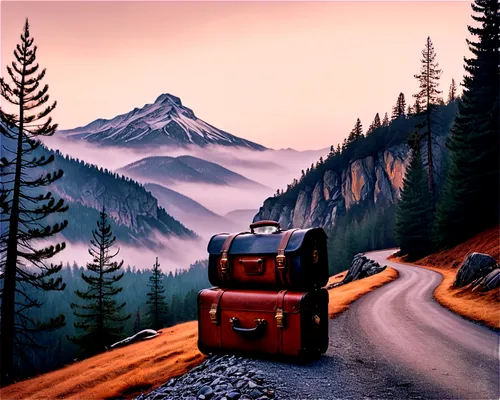 mountain road,mountain highway,mountain pass,overland,dusk background,lorries,landscape background,cartoon video game background,alpine route,logging truck,steep mountain pass,mountain scene,alpine drive,log truck,kamaz,alpine sunset,rust truck,mountains,truckdriver,freight,Illustration,Realistic Fantasy,Realistic Fantasy 40