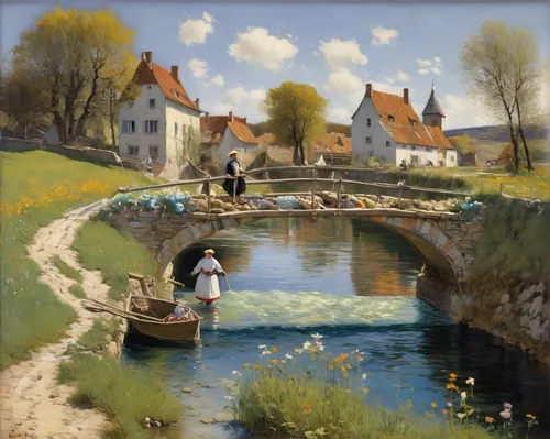 moret-sur-loing,asher durand,carl svante hallbeck,idyll,village scene,grissini,landsberg,escher village,source de la sorgue,water mill,river landscape,girl picking flowers,l'isle-sur-la-sorgue,viola bridge,bougereau,lev lagorio,dutch landscape,spring morning,bamberg,kistler,Illustration,Abstract Fantasy,Abstract Fantasy 13