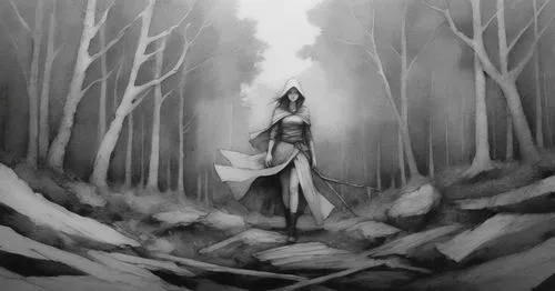 sketch, woman, forestry background, black and white,a woman in the woods holding her weapon and looking up into the sky,dryad,ballerina in the woods,elven forest,mirkwood,seelie,faerie,Illustration,Ab