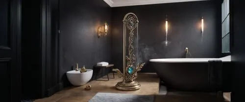 luxury bathroom,plumbing fixture,modern decor,washbasin,shower bar,art nouveau design,bathroom accessory,modern minimalist bathroom,floor lamp,plumbing fitting,contemporary decor,interior design,dark 