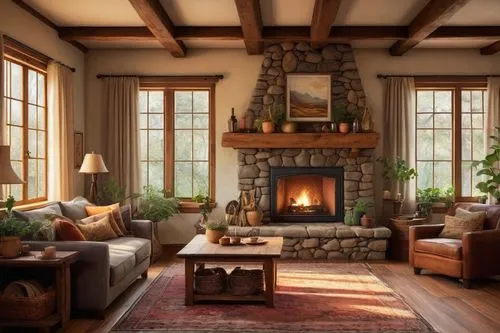 fireplace,fire place,fireplaces,sitting room,family room,coziness,living room,home interior,livingroom,coziest,wooden beams,rustic aesthetic,warm and cozy,country cottage,interior decor,beautiful home,rustic,great room,wooden windows,cozier,Illustration,Realistic Fantasy,Realistic Fantasy 28