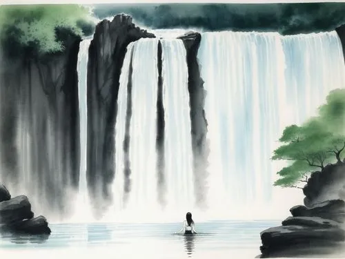 beautiful lady swimming, long hair , white vest in the water, wide view with waterfalls and green forest abanding,a painting of a waterfall and a person standing in the water,waterfall,water fall,fall