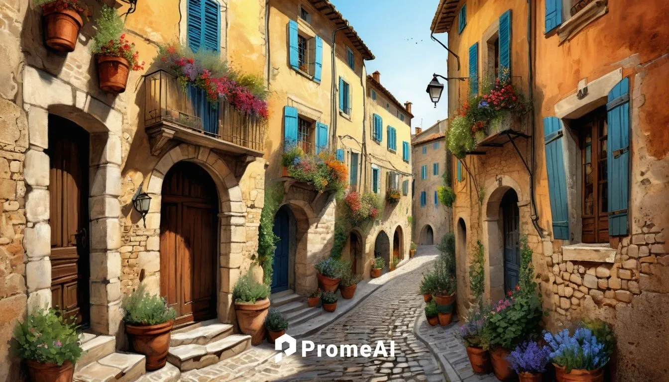 stunning wide_shot low angle_view of (a small medieval narrow climbing cobblestone street with flowered houses in Provence) at dawn, street cafes open,  graphite and watercolour by Carne_Griffiths Vic