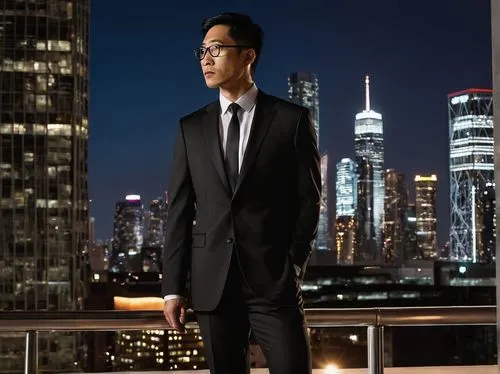 Mature man, Joseph Hsia, solo, (40yo), strong facial features, short black hair, glasses, formal wear, white shirt, black suit, tie, leather shoes, standing, confident posture, cityscape, modern skysc