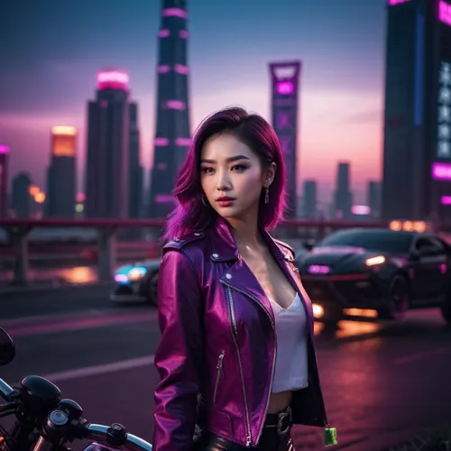 purple background,purple and pink,pink-purple,purple wallpaper,shanghai,cyberpunk,hong,phuquy,pink background,asian woman,biker,pink dawn,leather jacket,asian vision,dark pink in colour,purple,rich purple,colorful city,purpleabstract,hong kong