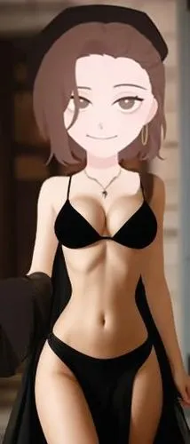 make her sexy hot cute with big breast and shes wear a black bikini and taking off big long skirt and shes super sexy and she has long hair big butt 
make transparent the triangle near the breast shes