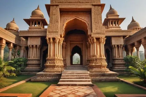 Majestic Saj architecture, ancient Indian temple, intricate carvings, ornate sculptures, towering pillars, grand entrance, vibrant colors, golden domes, delicate stone lattice, majestic archways, sacr