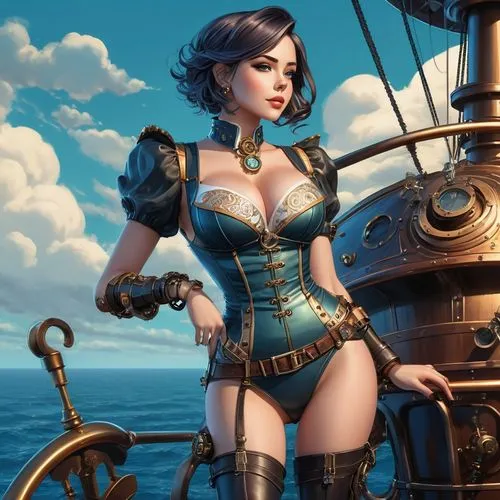 steampunk,the sea maid,sea fantasy,seafaring,yachtswoman,capitaine,Unique,3D,Isometric