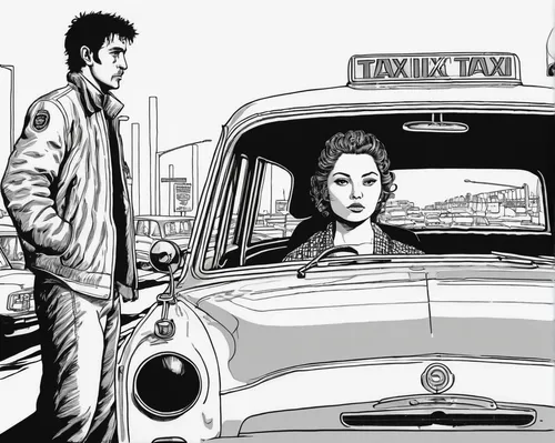 drive,taxi,yellow taxi,illustration of a car,lupin,cab driver,transporter,ford prefect,car drawing,driver,ford thunderbird,commuter cars tango,street car,comic style,streetcar,taxi cab,taxi stand,taxicabs,tx4,driver's cab,Illustration,Black and White,Black and White 16