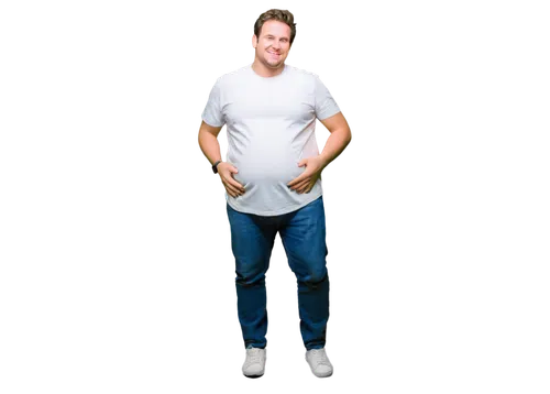 Man, pregnant, humorous, chubby belly, white shirt, blue jeans, sneakers, hands on belly, relaxed posture, smiling face, rosy cheeks, messy hair, casual atmosphere, warm lighting, shallow depth of fie