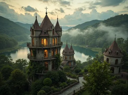 Quaint watchtowers, mystical misty atmosphere, dreamy warm lighting, ornate Gothic details, intricate stone carvings, lush ivy vines, winding staircases, grandeur architecture, picturesque landscape, 