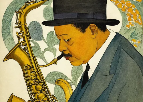 man with saxophone,saxophone playing man,saxophonist,saxophone,trumpeter,saxophone player,jazz,drawing trumpet,tenor saxophone,baritone saxophone,sax,saxhorn,vintage illustration,marsalis,blues and jazz singer,sackbut,flugelhorn,jack roosevelt robinson,sheet music,trumpet player,Illustration,Retro,Retro 23