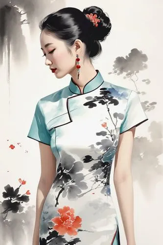 cheongsam,geisha girl,japanese floral background,oriental painting,qipao,japanese art,xiaofei,zuoying,geisha,oriental girl,japanese woman,guqin,hanfu,floral japanese,yifei,oriental,plum blossom,jiaying,oriental princess,xueying,Illustration,Japanese style,Japanese Style 09