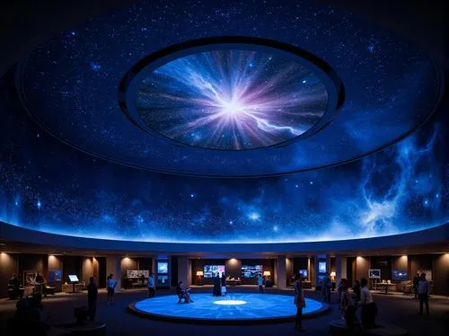 Cosmic planetarium, dark blue ceiling, twinkling star lights, nebula-inspired color scheme, soft ambient glow, LED strip lighting, fiber optic stars, constellation patterns, curved architectural lines