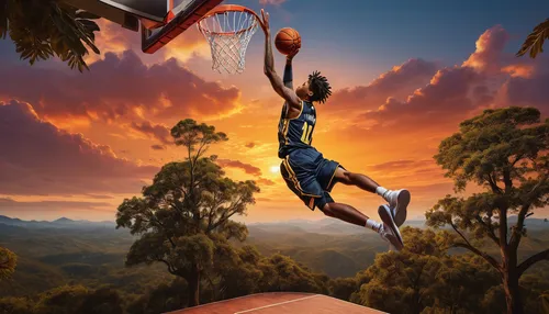 Merge the worlds of basketball and nature in a captivating wallpaper, where Ja Morant is seen dunking the ball amidst a stunning sunset.,michael jordan,outdoor basketball,basketball player,air jordan,