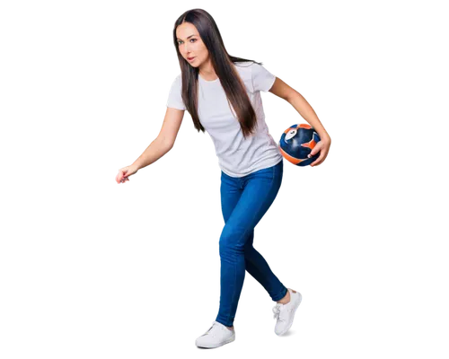 Bowling theme, indoors, sporty atmosphere, one girl, casual wear, sneakers, blue jeans, white T-shirt, long straight hair, minimal makeup, energetic pose, holding bowling ball, ready to throw, dynamic