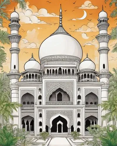 Majestic Indo-Saracenic building, intricately carved arches, grand domes, minarets, Islamic geometric patterns, Arabic calligraphy, white marble walls, ornate balconies, lush green gardens, tropical t