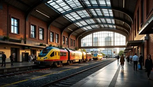 Vibrant train station, industrial chic architecture, exposed brick walls, metallic beams, sleek glass roofs, modern signage, urban cityscape, bustling atmosphere, warm golden lighting, shallow depth o