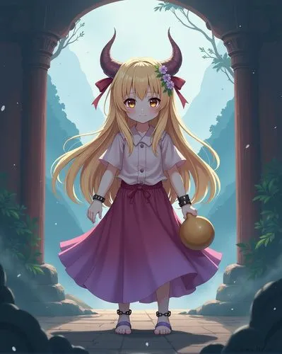 Suika Ibuki, wearing a tattered light pink blouse, a long purple and pink skirt, and three shackles with chains on her right arms and leg, (Suika Ibuki, very long blonde hair tied at the top with a re