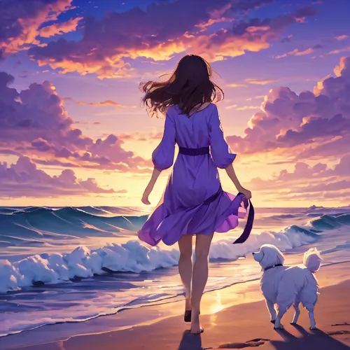 beach walk,walk on the beach,girl with dog,sailing blue purple,little girl in wind,girl walking away,purple landscape,sea breeze,beach background,by the sea,world digital painting,fantasy picture,summ