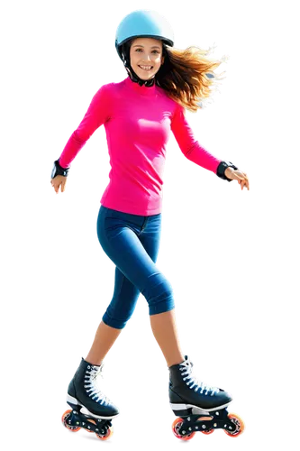 Roller skater, young girl, dynamic pose, free skating, outdoor scene, sunny day, bright smile, wind-blown hair, colorful helmet, protective pads, shiny wheels, movement blur, action shot, low-angle co