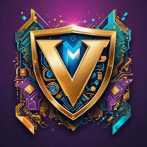 The shield, the symbol of affection and trust, is adorned with a golden letter. The letter M stands out almost as the rest of its form, surrounded by a vibrant array of circuit boards, cameras, and a 