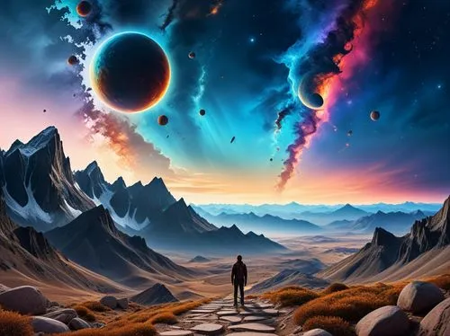 Convert to Gary scale,a surreal scene with the sky and planets,fantasy picture,space art,alien planet,dreamscape,navigated,the mystical path