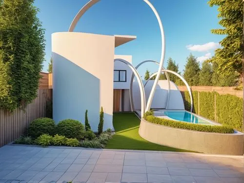 a contemporary style home with an oval shaped pool and garden,garden design sydney,landscape design sydney,semi circle arch,landscape designers sydney,landscaped,garden pipe,Photography,General,Realis