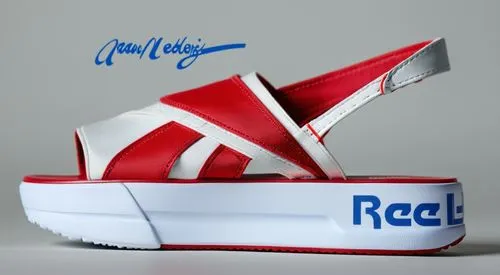 Canvas open toe sandal, ankle strap,  thick rubber sole, white with red and blue Reebok logo accent color scheme ,Reebok canvas sandal 1 ,racing boat,paper ship,red sail,racers,racer,regata,Photograph