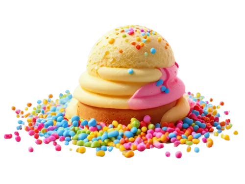 Melting ice cream, colorful sprinkles, creamy texture, rounded shape, lying on ground, afternoon sunlight, shallow depth of field, warm color tone, 3/4 composition, realistic rendering.,ice cream icon