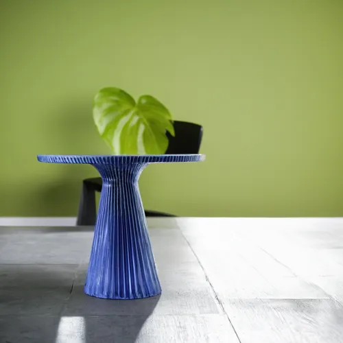 Place a table in a minimalist space with a sale in the background.,incense with stand,table lamp,product photography,glass vase,flower pot holder,gradient blue green paper,tabletop photography,ikebana