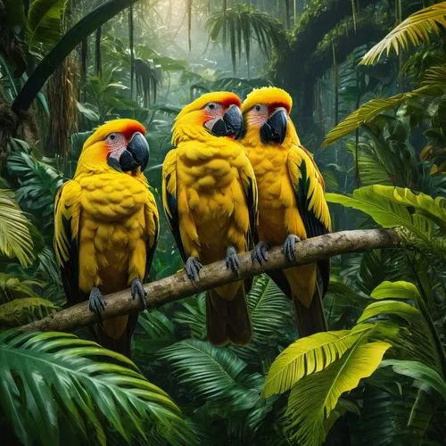 a lush jungle inhabited by large furry yellow birds,tropical birds,yellow-green parrots,couple macaw,parrot couple,golden parakeets,macaws of south america,parrots,passerine parrots,blue and yellow ma