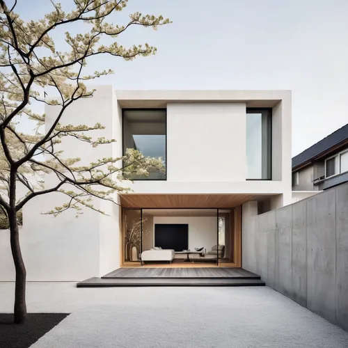 Design modern Japanese architecture with sleek lines, minimalist interiors, and innovative materials. Craft a contemporary atmosphere for a sophisticated and urban space.,cubic house,cube house,modern