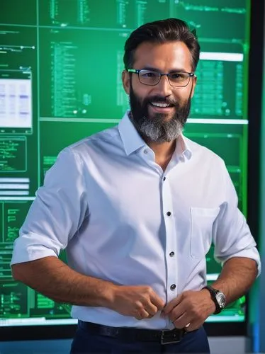 Modern digital design, computer architecture online course, male professor, 40s, glasses, beard, white shirt, dark blue trousers, standing in front of a green screen, lecturing, pointing to diagrams, 