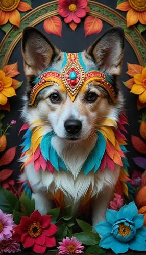 Surrounded by colourful flowers,a white and brown dog with colorful decoration in it's mouth,indian dog,flower animal,amaterasu,welschcorgi,corgi,chihuahua,Photography,General,Fantasy