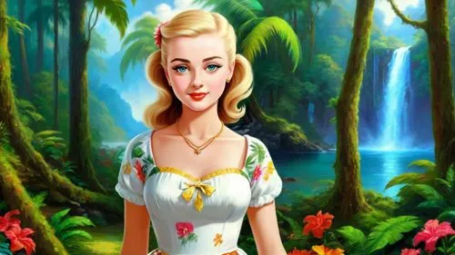 Romantic masterpiece oil painting, cute girl portrait, nostalgic 1950's style kitsch, vibrant rainforest landscape, lush tropical jungle paradise, scenery, by Thomas Kinkade, by Bob Ross, high res,fai