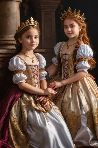 countesses,companias,sspx,elsas,doll figures,noblewomen,two girls,reinas,duchesses,princesses,porcelain dolls,princedoms,principessa,monarchos,principes,lieutenancies,female doll,tiaras,young couple,oil painting,Conceptual Art,Fantasy,Fantasy 27