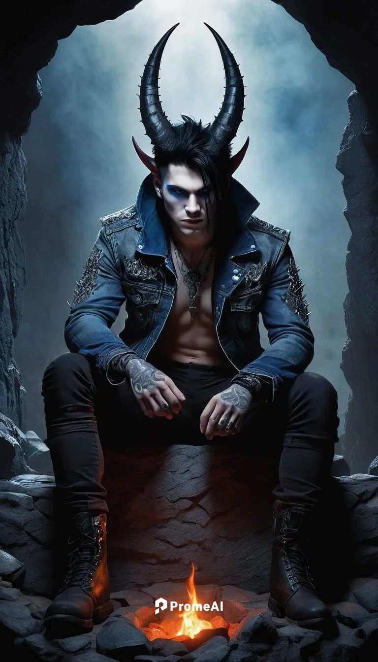 Friendly demon, red skin, horns, sharp teeth, bright blue eyes, spiky black hair, dark tattoos on arms, ripped denim jacket, black leather pants, heavy combat boots, sitting on a stone throne, eerie m