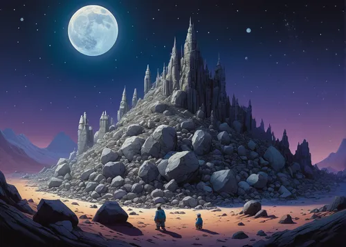 lunar landscape,moonscape,ice castle,valley of the moon,fantasy landscape,ice planet,earth rise,rock mountain,mountain stone edge,moon valley,background with stones,snow mountain,moonlit night,moon seeing ice,mountain world,stone desert,fantasy picture,mountain settlement,northrend,knight's castle,Illustration,Realistic Fantasy,Realistic Fantasy 05