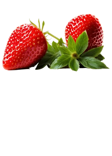 Ripe strawberry, juicy flesh, green leafy top, sweet aroma, detailed texture, soft natural light, 3/4 composition, shallow depth of field, warm color tone, cinematic lighting, isolated on transparent 