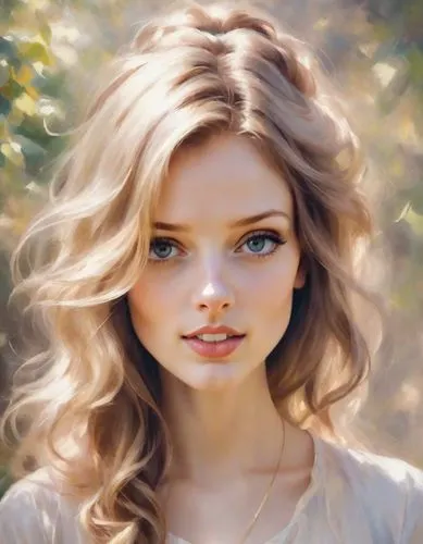 A woman wearing a shirt on top and a suspender skirt on the bottom, with long wavy hair, romantic  mood,,margairaz,behenna,margaery,girl portrait,digital painting,fantasy portrait,photo painting,world