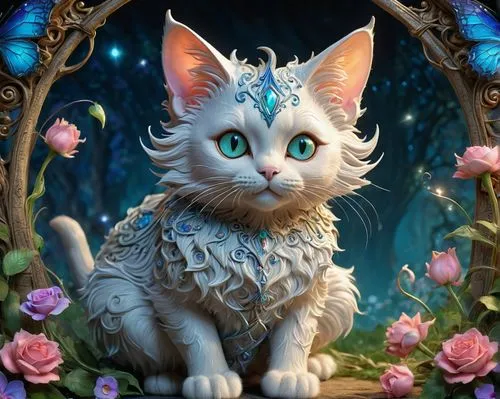 cat with blue eyes,blue eyes cat,flower cat,llyra,fantasy portrait,felino,fantasy animal,korin,cathala,blossom kitten,kittani,miqati,jayfeather,catino,white cat,cat portrait,grizabella,calico cat,cat,kitten,Illustration,Realistic Fantasy,Realistic Fantasy 02