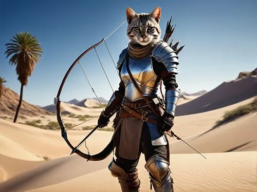 Female Tabaxi ranger, strong athletic build, short spiky hair, silver earrings, bold eyebrows, scar above left eyebrow, leather armor, quiver on back, longbow in hand, standing heroically, one leg ben