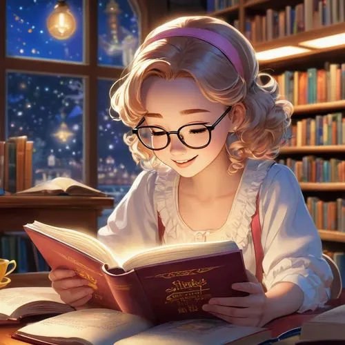 a young woman reading a magical book in a library at night Masterpiece, Best Quality, flat, Manga Scan, Anime, cinematic lighting, drawn Art, by Studio Trigger, clip studio paint, Anime Wallpaper, Dee