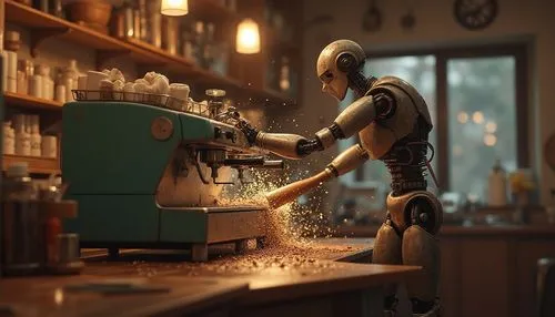 an animation character operating a machine to make coffee,barista,coffee machine,espresso,bartender,automata,blender