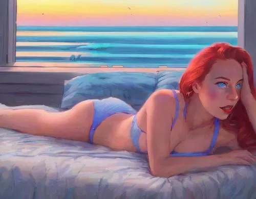 the head of a caucasian girl, 23 years old,  adorned in vibrant red hair, sparkling blue eyes, and smiling red lips, stands tall in a modern bedroom, gazing out at the city skyline at sunset. She wear