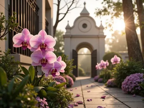 Luxuriant orchid flowers, soft pastel hues, delicate petals, whimsical garden scenery, warm sunlight filtering through trees, gentle morning dew, romantic victorian-era inspired architecture, ornate i