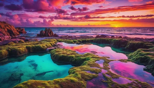 Photo in Sea and Sand #water #rocks #sunset #clouds #beach #seascape #moss #sea #rock pool,colorful water,tide pool,colorful background,full hd wallpaper,bermuda,splendid colors,purple landscape,backg